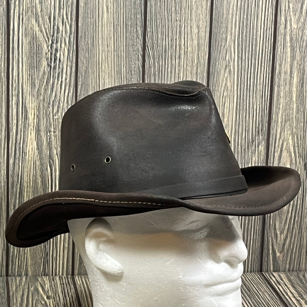 Henschel Hat Co Leather Cowhide Outback Hat Men M Brown Vtg Distressed Western